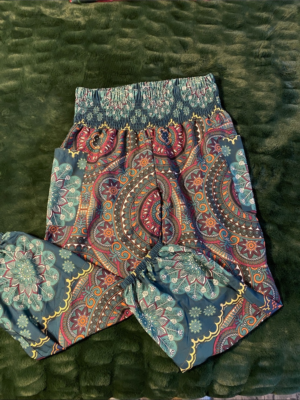 SHEIN Teal Paisley Print Jogger Pants with Multicolor Mandala Accents